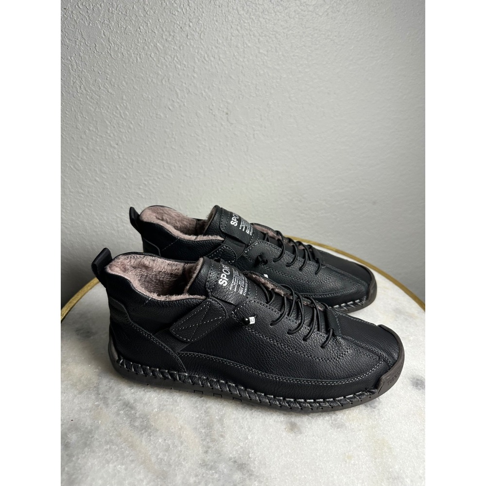 Womens Black Faux Leather Fur Lined Sport Sneakers Bungee Lace Winter Shoes